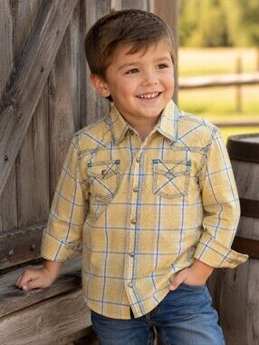 Boys Wrangler 20X Twenty X western snap front shirt Pake Yellow & Blue sz3-4 euc